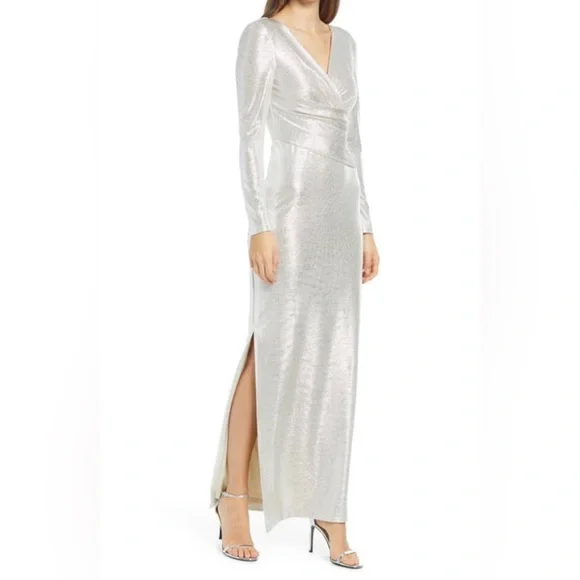eliza j silver dress Eliza J Sequin Fringe Long Sleeve Cocktail Dress - Silver